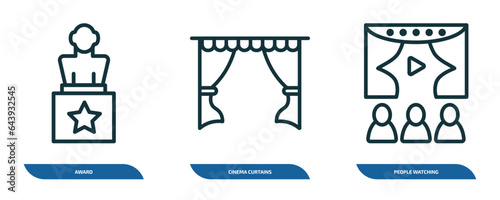 set of 3 linear icons from cinema concept. outline icons such as award, cinema curtains, people watching a movie vector