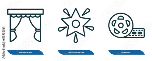 set of 3 linear icons from cinema concept. outline icons such as cinema curtain, famous cinema star, big film roll vector