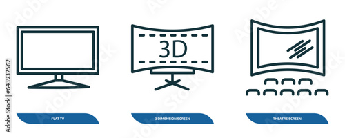 set of 3 linear icons from cinema concept. outline icons such as flat tv, 3 dimension screen, theatre screen vector