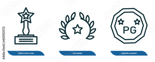 set of 3 linear icons from cinema concept. outline icons such as trophy with a star, film award, parental guidance vector