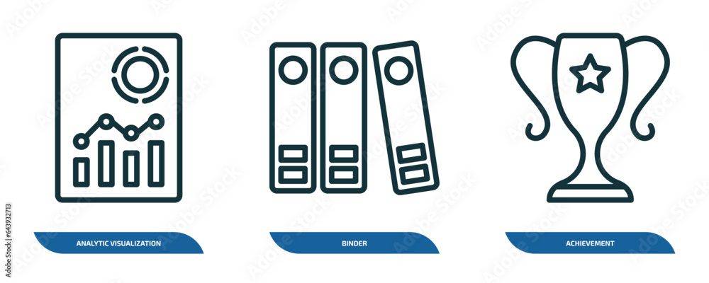 set of 3 linear icons from business and analytics concept. outline icons such as analytic visualization, binder, achievement vector set of 3 linear icons from business and analytics concept. outline icons such as analytic visualization, binder, achievement vector