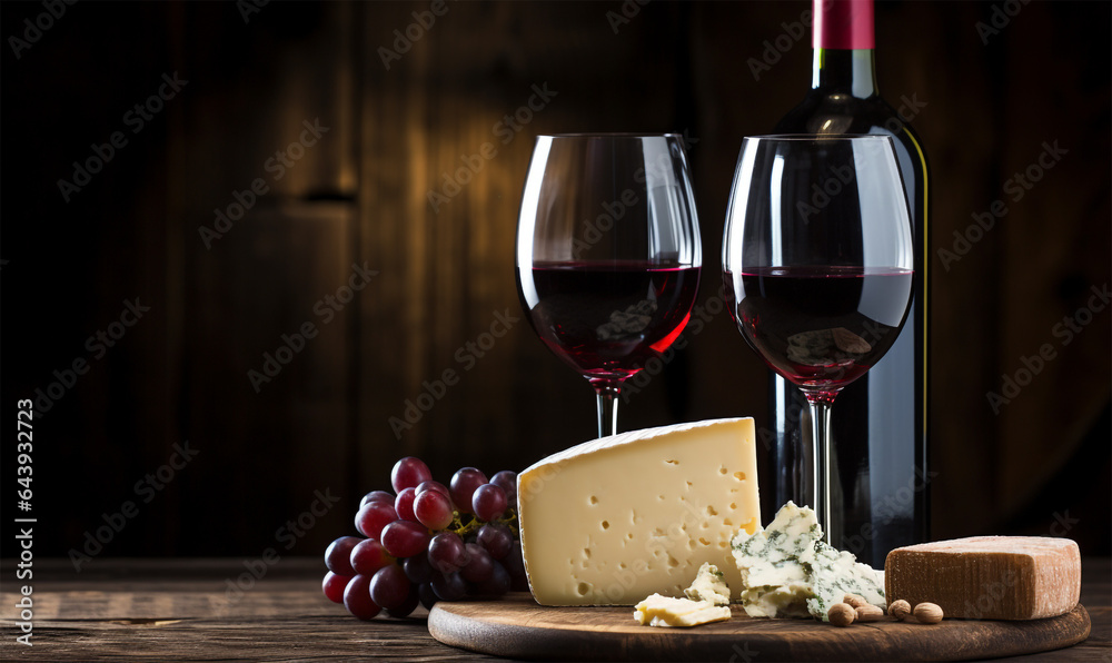 Glass of red wine with bottle and cheese against rustic dark wooden background: