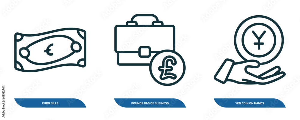 set of 3 linear icons from business concept. outline icons such as euro bills, pounds bag of business, yen coin on hands vector set of 3 linear icons from business concept. outline icons such as euro bills, pounds bag of business, yen coin on hands vector