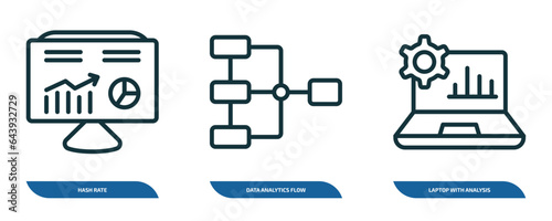 set of 3 linear icons from business and analytics concept. outline icons such as hash rate, data analytics flow, laptop with analysis vector