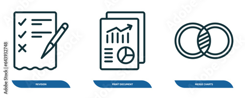 set of 3 linear icons from business and analytics concept. outline icons such as revision, print document, merge charts vector