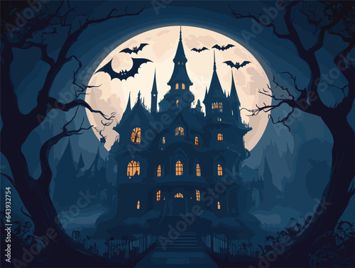 "Design a highly detailed vector illustration that portrays a decrepit and sinister horror house. Pay meticulous attention to architectural details, eerie lighting, overgrown foliage, and the overall