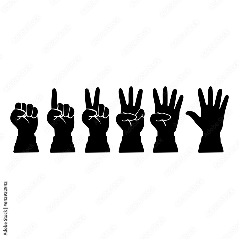 Vector Black Silhouette Icon Set of Hand Shows a Different Number of Fingers Isolated on White Background Vector Black Silhouette Icon Set of Hand Shows a Different Number of Fingers Isolated on White Background