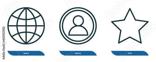 set of 3 linear icons from blogger and influencer concept. outline icons such as world, profile, star vector