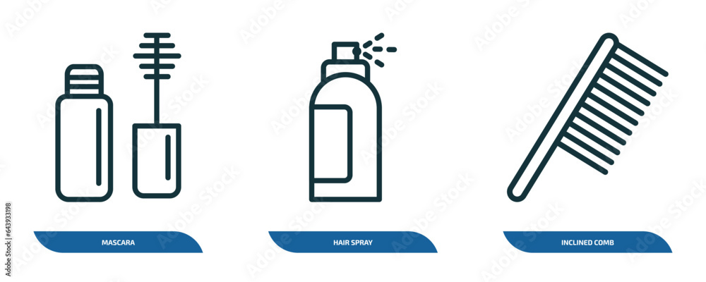 set of 3 linear icons from beauty concept. outline icons such as mascara, hair spray, inclined comb vector set of 3 linear icons from beauty concept. outline icons such as mascara, hair spray, inclined comb vector