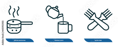 set of 3 linear icons from bistro and restaurant concept. outline icons such as boiling water pan, pouring coffe, salad fork vector