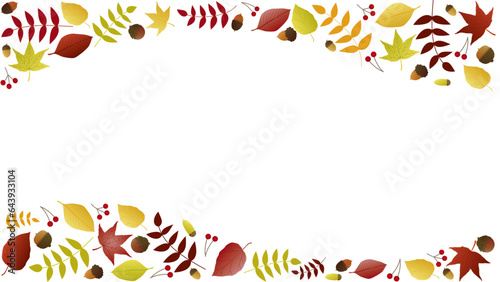 紅葉した葉っぱとどんぐりのフレーム背景イラスト