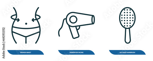 set of 3 linear icons from beauty concept. outline icons such as women waist, hairdryer facing left, inclined hairbrush vector