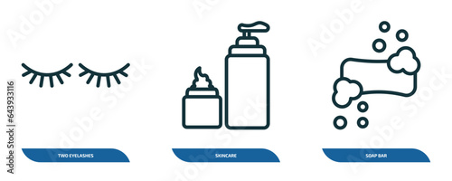 set of 3 linear icons from beauty concept. outline icons such as two eyelashes, skincare, soap bar vector