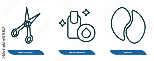 set of 3 linear icons from beauty collection. thin concept. outline icons such as open hair scissors, nail polish removal, eye patch vector