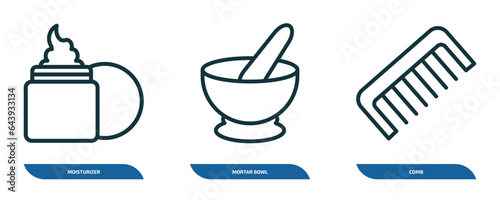 set of 3 linear icons from beauty concept. outline icons such as moisturizer, mortar bowl, comb vector