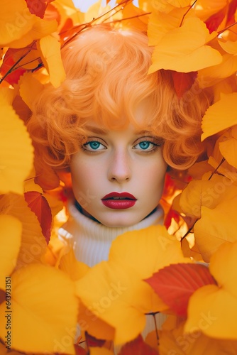On halloween night, a doll-like girl with vibrant orange hair and fiery red lipstick stands amongst the crisp autumn leaves, radiating an enchanting and otherworldly beauty