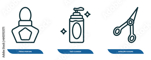 set of 3 linear icons from beauty concept. outline icons such as french perfume, face cleanser, manicure scissors vector