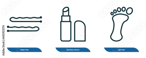 set of 3 linear icons from beauty concept. outline icons such as bobby pins, inclined lipstick, one foot vector