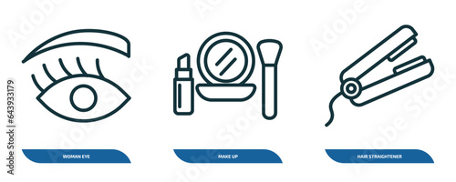 set of 3 linear icons from beauty concept. outline icons such as woman eye, make up, hair straightener vector