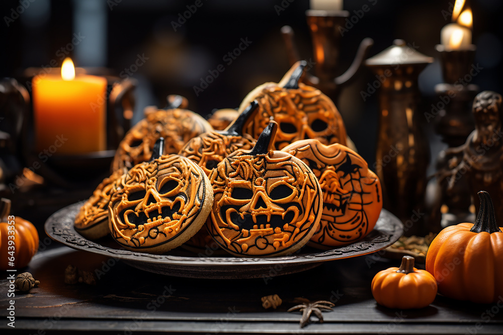 Generative AI Image of Halloween Cookies in Plate with Pumpkins on a Wooden Table