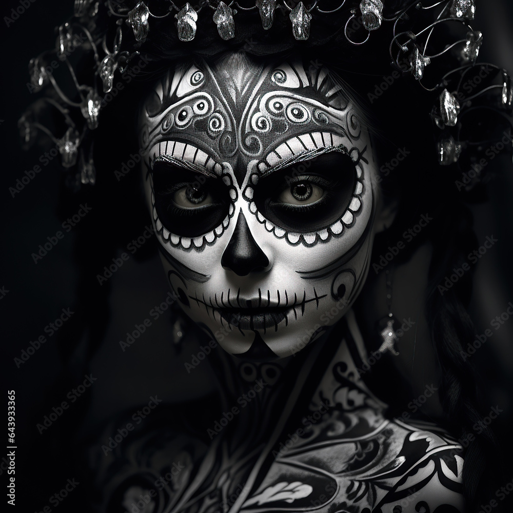 On dia de los muertos night, a mysterious woman with a painted face and a skull-shaped crown stands in the dark, shrouded in eerie horror and wearing a mask of masquerade