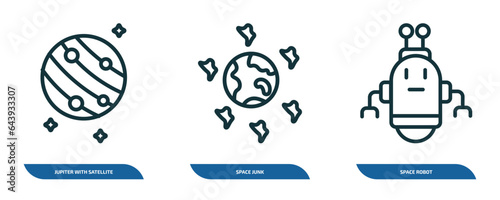 set of 3 linear icons from astronomy concept. outline icons such as jupiter with satellite, space junk, space robot vector