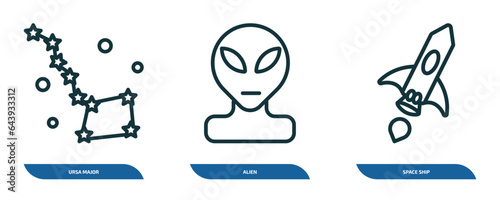 set of 3 linear icons from astronomy concept. outline icons such as ursa major, alien, space ship vector