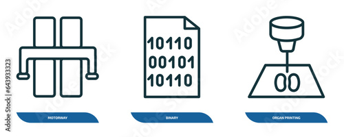 set of 3 linear icons from artificial intellegence concept. outline icons such as motorway, binary, organ printing vector
