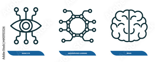 set of 3 linear icons from artificial intellegence concept. outline icons such as bionic eye, unsupervised learning, brain vector