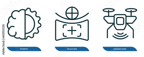 set of 3 linear icons from artificial intellegence concept. outline icons such as deformity, field of view, unmanned aerial vehicle vector