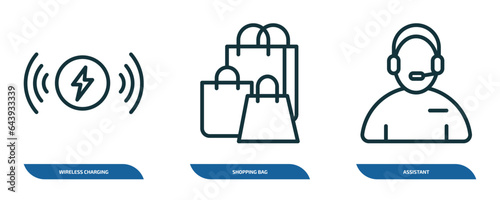 set of 3 linear icons from artificial intellegence concept. outline icons such as wireless charging, shopping bag, assistant vector