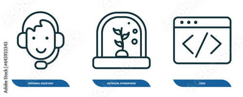set of 3 linear icons from artificial intellegence concept. outline icons such as personal assistant, artificial atmosphere, code vector