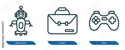 set of 3 linear icons from artificial intellegence concept. outline icons such as robot assistant, business, gaming vector