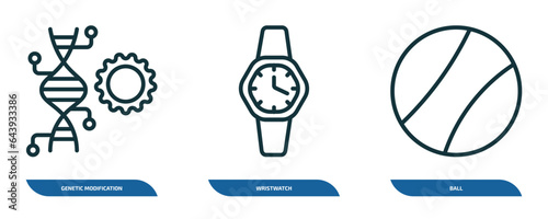 set of 3 linear icons from artificial intellegence concept. outline icons such as genetic modification, wristwatch, ball vector