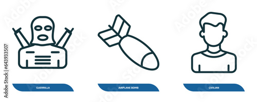 set of 3 linear icons from army and war concept. outline icons such as guerrilla, airplane bomb, civilian vector