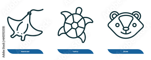 set of 3 linear icons from animals concept. outline icons such as manta ray, turtle, skunk vector