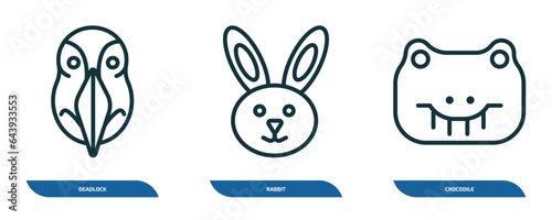 set of 3 linear icons from animals concept. outline icons such as deadlock, rabbit, crocodile vector