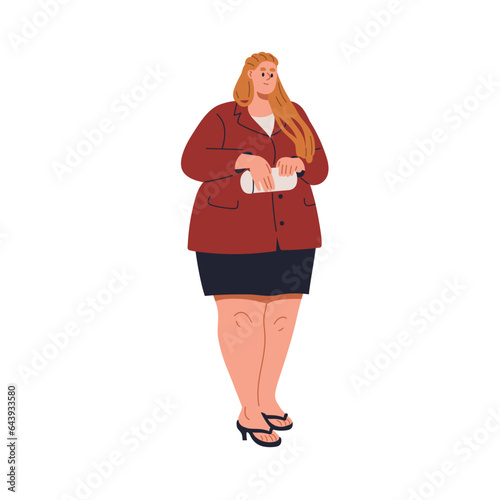 Fat chunky plus-size woman standing in short skirt. Young smiling chubby plump girl in blazer, sandals. Female character, person with obesity. Flat vector illustration isolated on white background