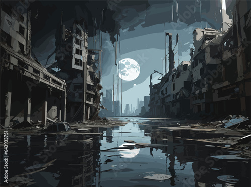 complex vector-style background image depicting a post-apocalyptic wasteland, with crumbling buildings, overgrown vegetation, and hints of a once thriving civilization. 
