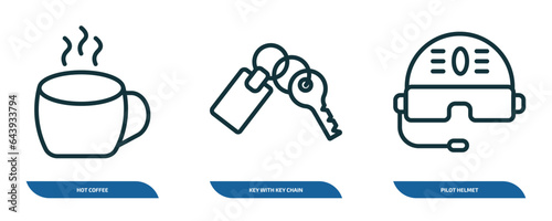 set of 3 linear icons from airport terminal concept. outline icons such as hot coffee, key with key chain, pilot helmet vector