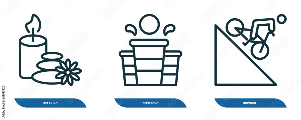 set of 3 linear icons from activity and hobbies concept. outline icons such as relaxing, beer pong, downhill vector set of 3 linear icons from activity and hobbies concept. outline icons such as relaxing, beer pong, downhill vector