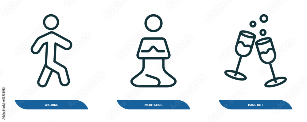 set of 3 linear icons from activity and hobbies concept. outline icons such as walking, meditating, hang out vector set of 3 linear icons from activity and hobbies concept. outline icons such as walking, meditating, hang out vector