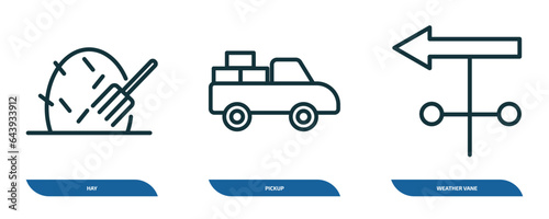 set of 3 linear icons from agriculture farming concept. outline icons such as hay, pickup, weather vane vector
