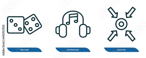 set of 3 linear icons from activity and hobbies concept. outline icons such as table game, listening music, collecting vector