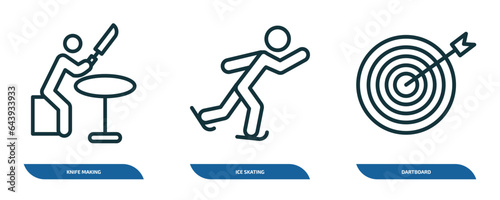 set of 3 linear icons from outdoor activities concept. outline icons such as knife making, ice skating, dartboard vector