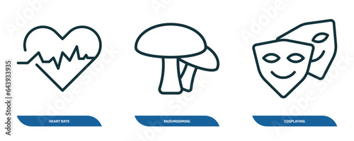 set of 3 linear icons from activity and hobbies concept. outline icons such as heart rate, mushrooming, cosplaying vector