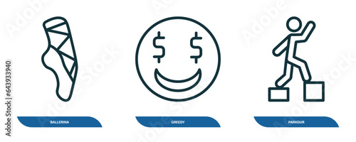 set of 3 linear icons from activity and hobbies concept. outline icons such as ballerina, greedy, parkour vector