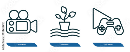set of 3 linear icons from activity and hobbies concept. outline icons such as film making, hydroponics, game playing vector