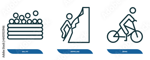 set of 3 linear icons from activity and hobbies concept. outline icons such as ball pit, rappelling, biking vector