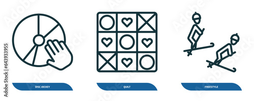 set of 3 linear icons from activity and hobbies concept. outline icons such as disc jockey, quilt, freestyle vector